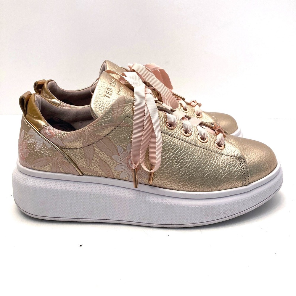 Ted Baker Rose Gold‎ Floral Sneakers Metallic Ribbon Laces Womens 6/6.5 EU 37 - Picture 2 of 13